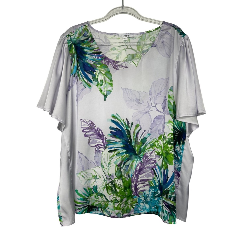 Chicos Floral Top Satin Flutter Sleeve Size 20 Tropical